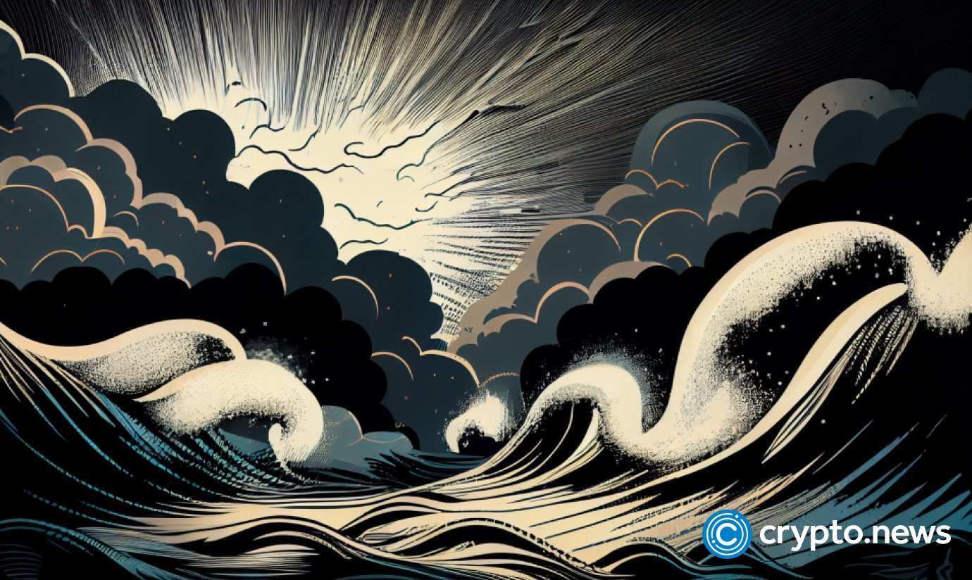 crypto news big wave storm sky background dark tones sixties retro futuristic illustrat