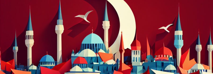 crypto news Istanbul general view Turkish flag background bright light low poly style