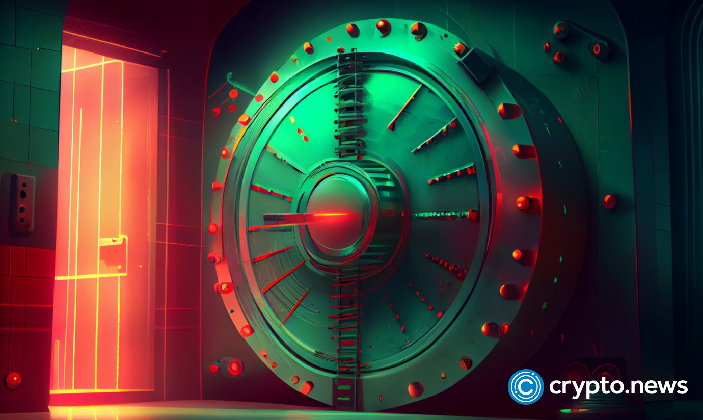 crypto news bank vault green and red lights on the background pencil sixties retro futuristic illustration
