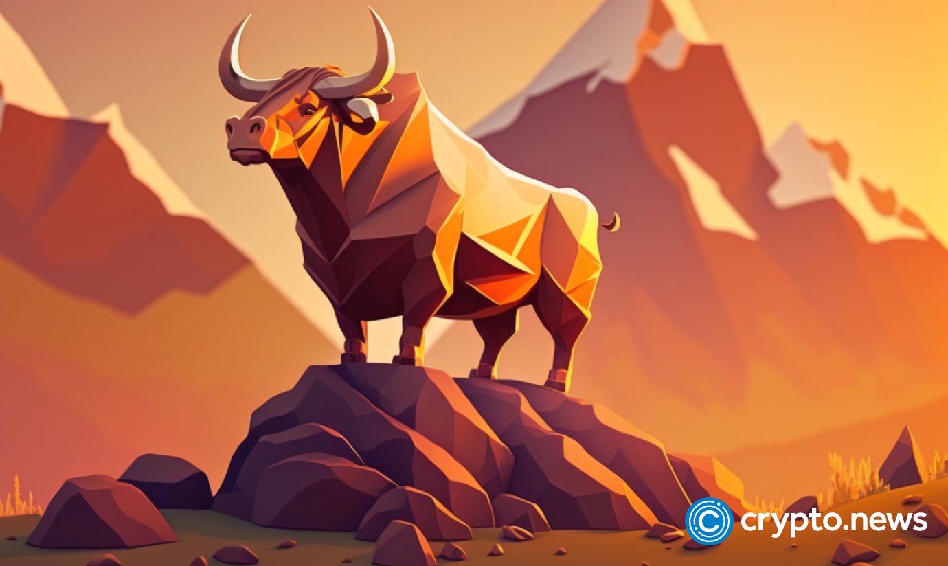 crypto news bull hill mountains sunset cartoon low poly