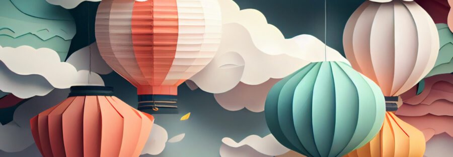 crypto news chinese paper lanterns side view cloudy background day light low poly style
