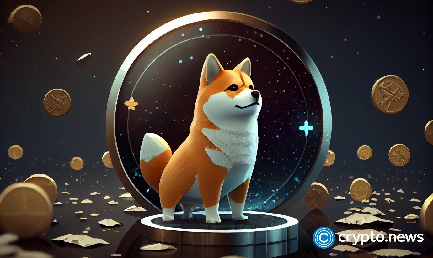 crypto news coin with shiba inu font view cartoon character space background blurry background low poly style