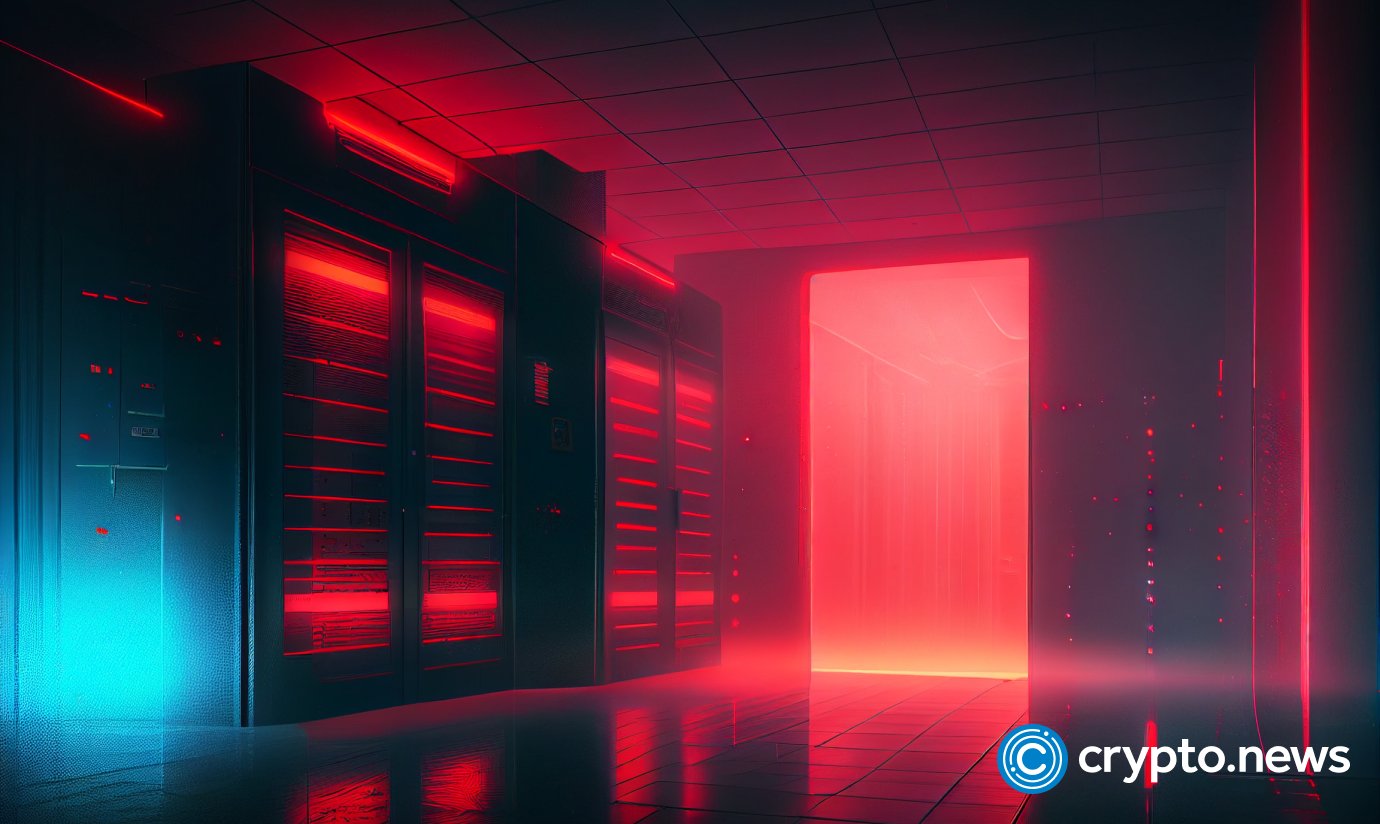 crypto news datacenter room fog around side view aurora and stardust on background holography red neon color cyberpunk 1