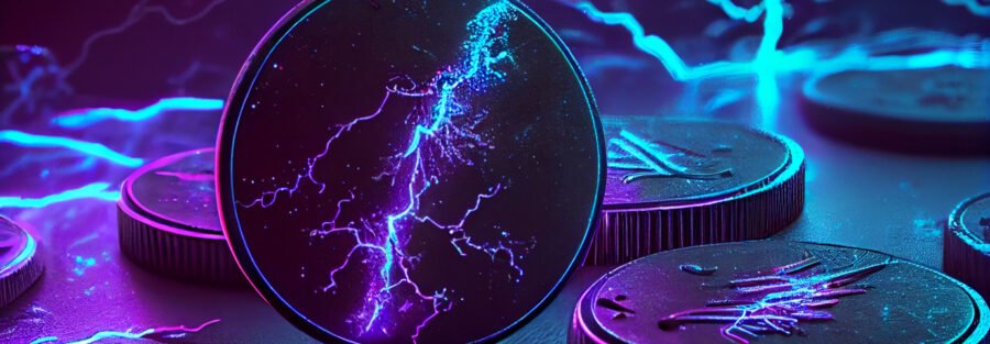 crypto news electrical coins on the metal table dark neon color galaxy on the background