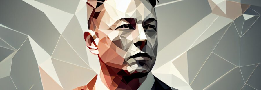 crypto news elon musk front view portrait blurry background day light low poly style