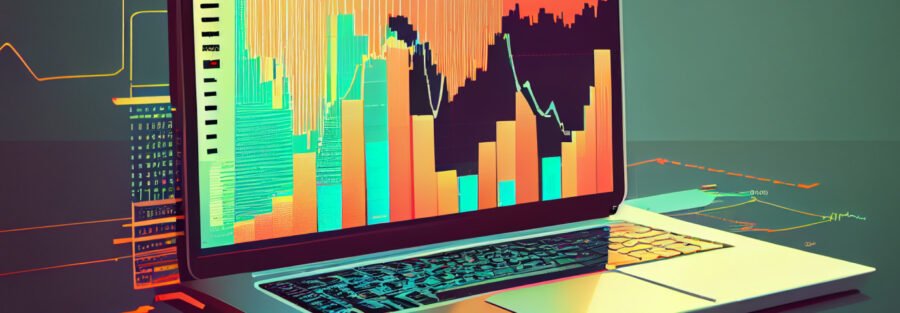 crypto news laptop on the table with trading chart on the display side view bright tones sixtiesretro futuristic illustration