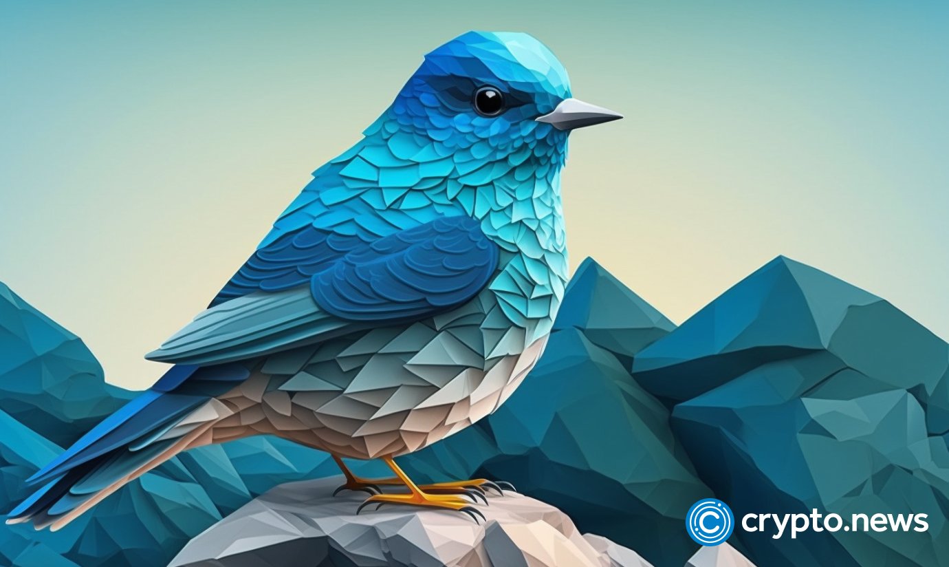 crypto news mountain bluebird front view portrait cartoon character space background low poly styl