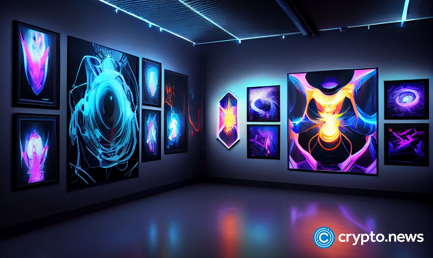 crypto news a futuristic gallery room hologram abstract paintings on the walls cyberpunk glow effect 20mm lens