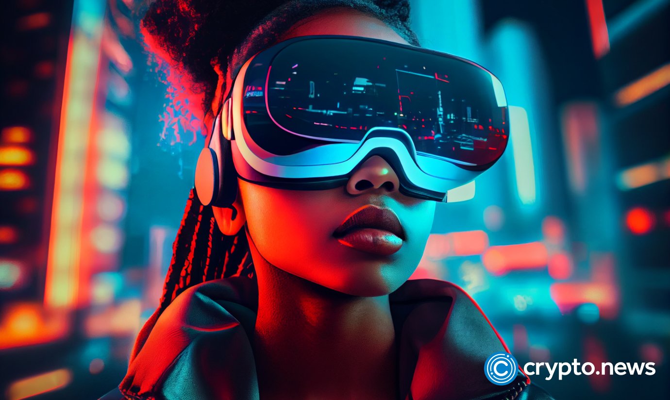 crypto news black woman is wearing a virtual reality glasses side view city background bright neon color cyberpun