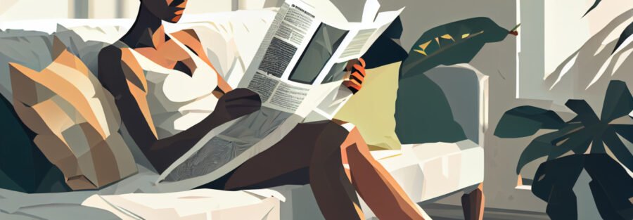 crypto news black woman lying on the couch reading newspaper in a large white apartment day light low poly style