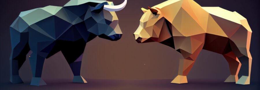 crypto news brown bear and black bull face to face full body portrait cartoon low poly