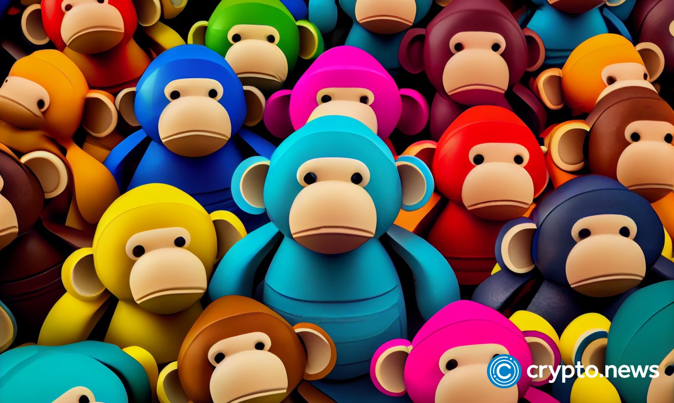 crypto news collection of small toy ape stop view bright colors modern art background high poly style