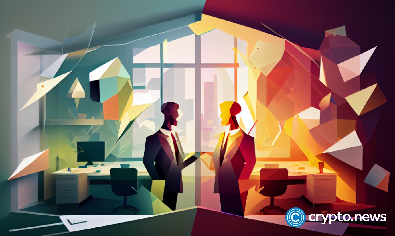 crypto news company merger office background bright light low poly