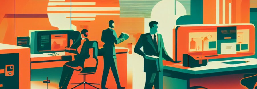 crypto news company merger office background bright tones sixties retro futuristic illustrat 1