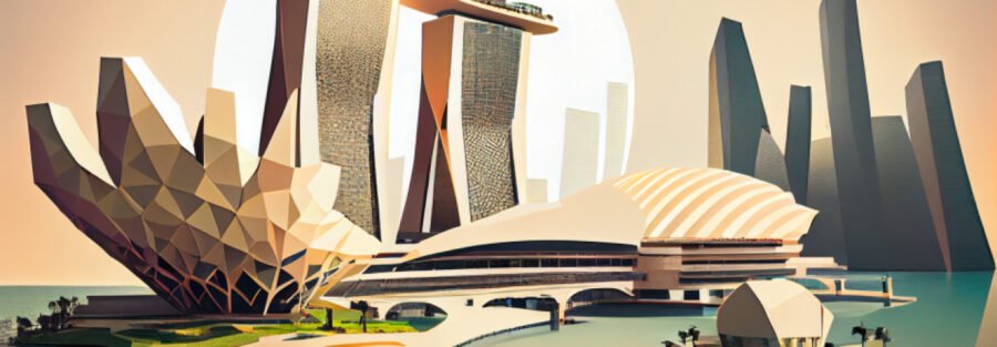 crypto news general view Marina Bay Sands Singapore daylight low poly style