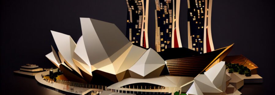 crypto news general view Marina Bay Sands Singapore night light low poly style