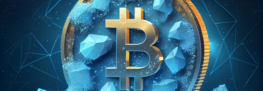 crypto news gold bitcoin sign frozen snow around aurora and stardust background blue colors low poly