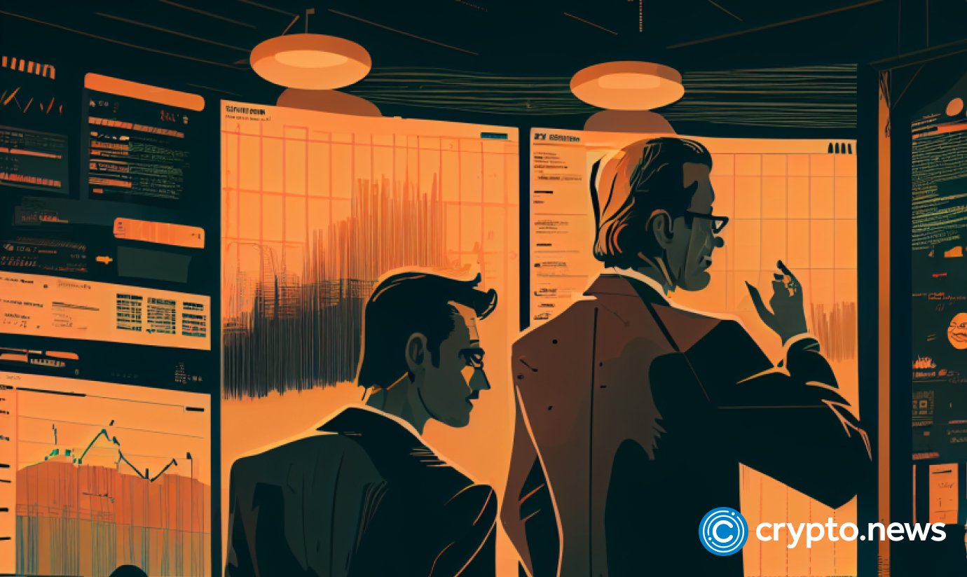 crypto news man shows trading charts people talk office background dark tones sixties retro futuristic illustration
