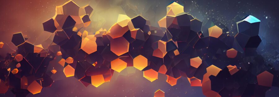 crypto news molecular chain glow effect fog around epic space background low poly style