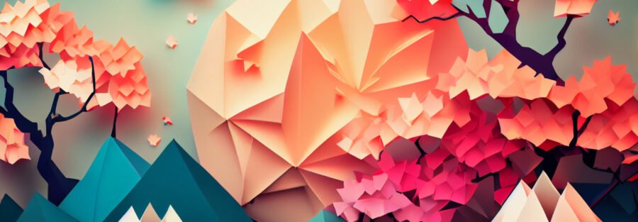crypto news origami sakura background bright tones sixties retro futuristic illustrat