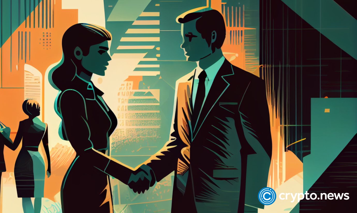 crypto news people shaking hands office background dark tones sixties retro futuristic