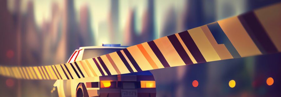 crypto news police tape and police car front side view blurry city background day light low poly styl