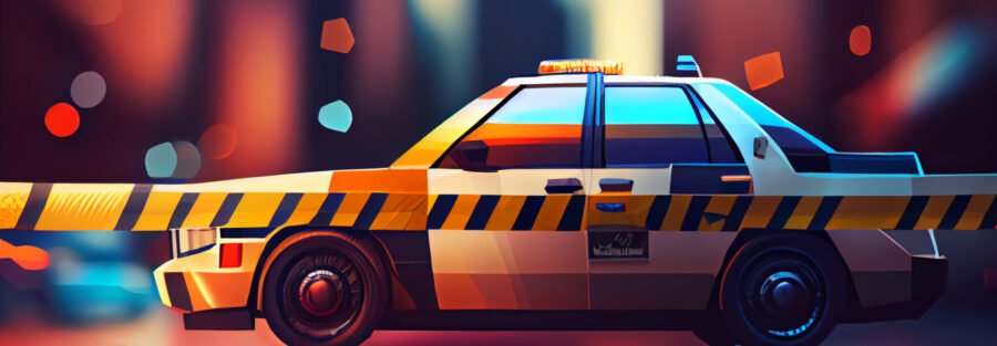 crypto news police tape and police car front side view blurry city background day light low poly style 1