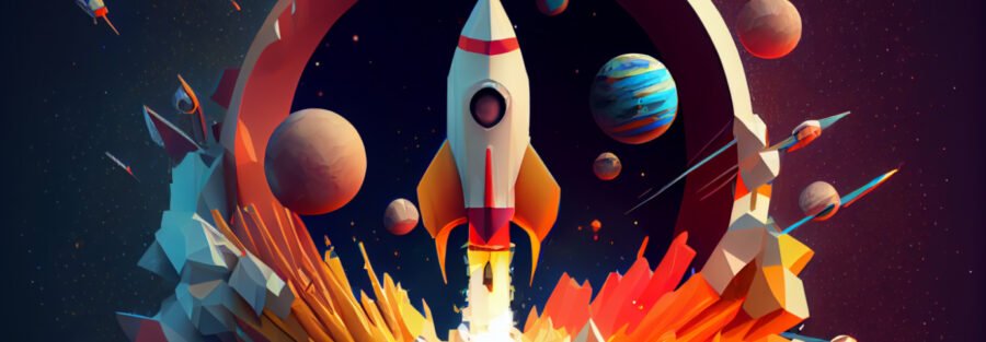 crypto news rocket launching from the Earth stars and planets around stardust fisheye low poly