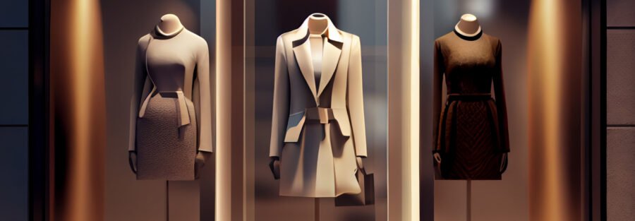 crypto news store window with luxury woman apparel front view day light blurry background day light realistic