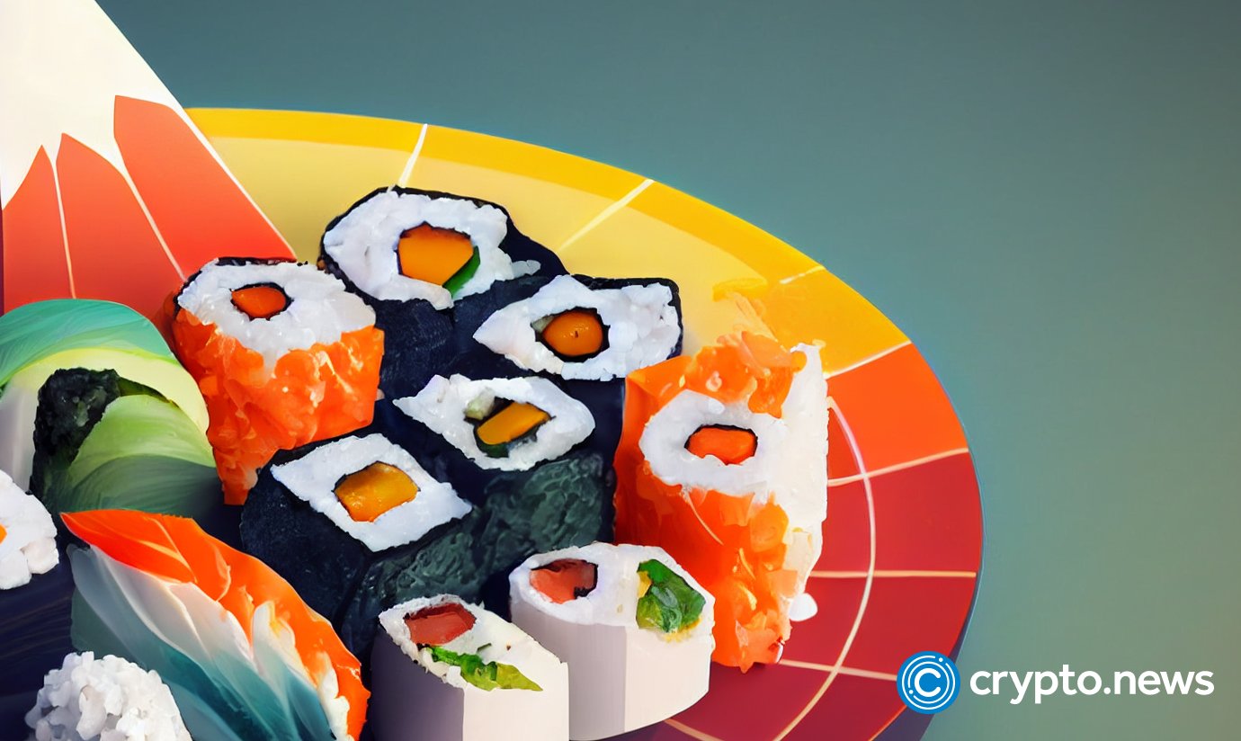 crypto news sushi on a plate the trading chart background bright colors hight poy style