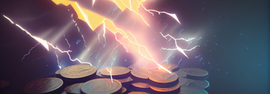 cryptonews coins flying lightning in the background blurry background low poly