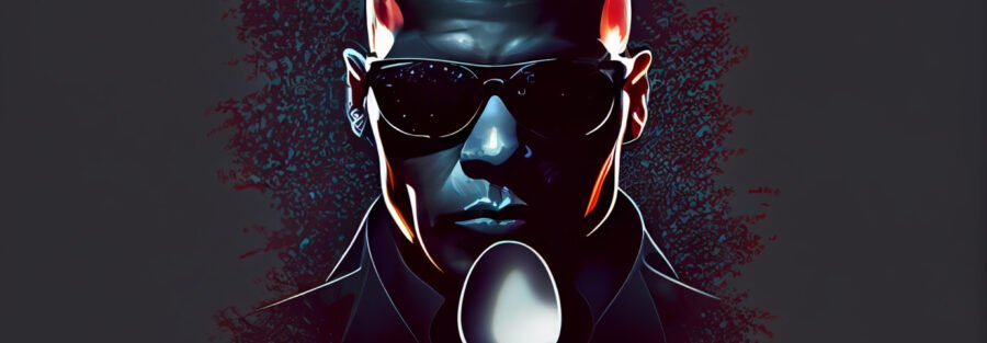 crypto news Morpheus with dark glasses looks at the spoon front view blurry background dark tones sixties retro futuristic