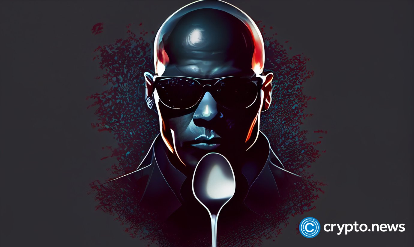 crypto news Morpheus with dark glasses looks at the spoon front view blurry background dark tones sixties retro futuristic