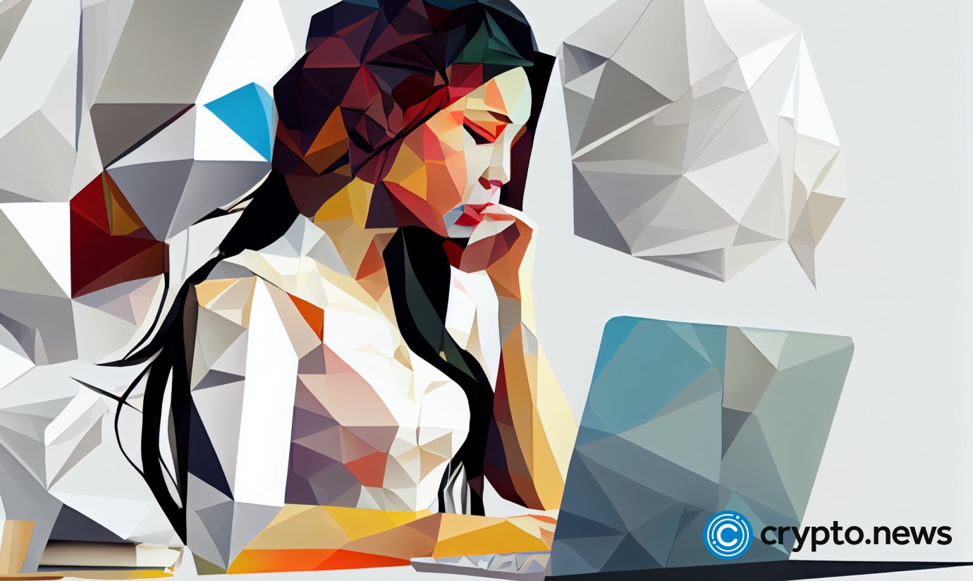 crypto news asian woman working on laptops white office background low poly style1