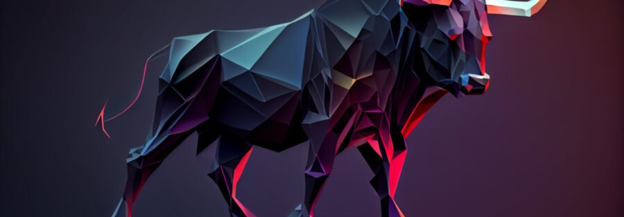 crypto news black bull with horns red eyes full body portrait cartoon character aurora and stardust background low poly style