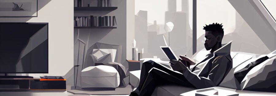crypto news black man lying on the couch reading ipad in a large white apartment day light low poly