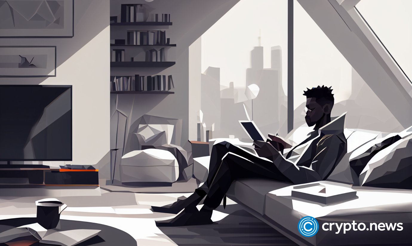 crypto news black man lying on the couch reading ipad in a large white apartment day light low poly