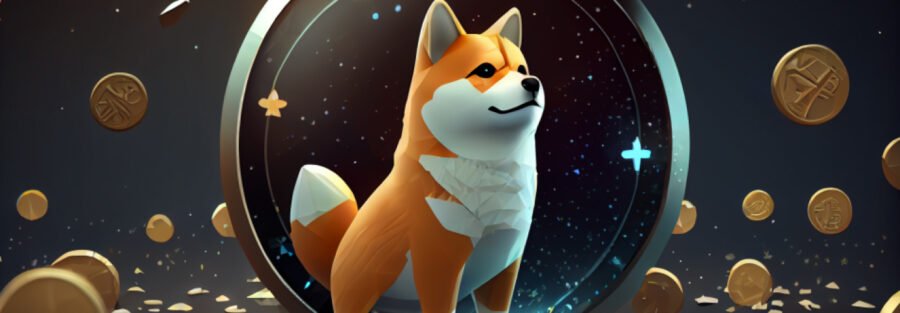 crypto news coin with shiba inu font view cartoon character space background blurry background low poly style