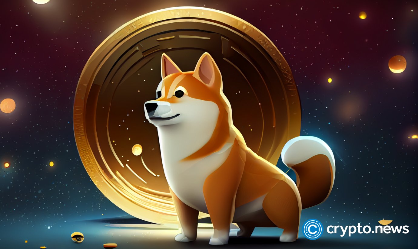 crypto news coin with shiba inu font view cartoon character space background blurry background low poly