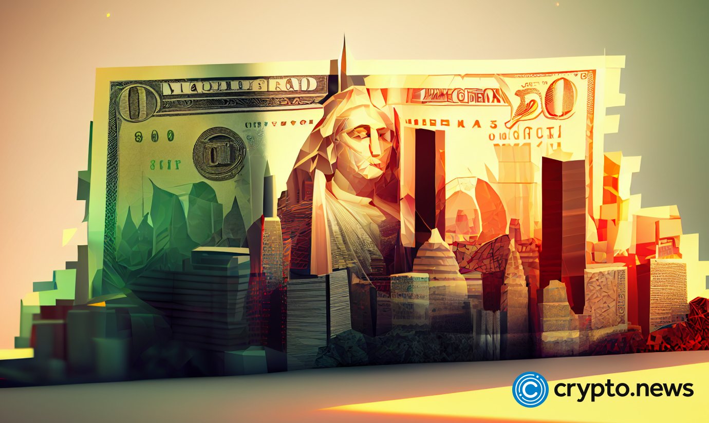 crypto news dollar side view city background bright light low poly style