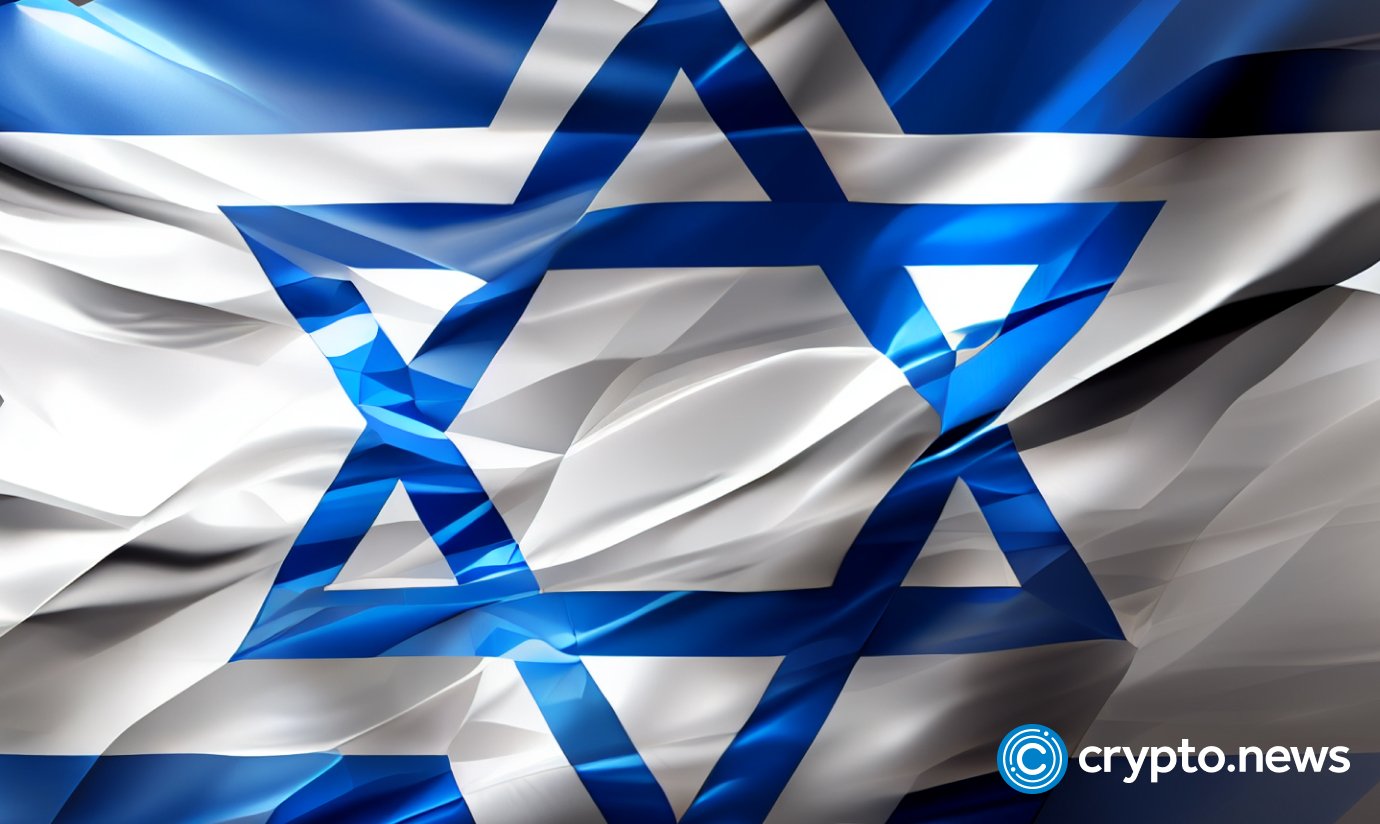 crypto news flag of Israel front side view blurry virtaul space background low poly style