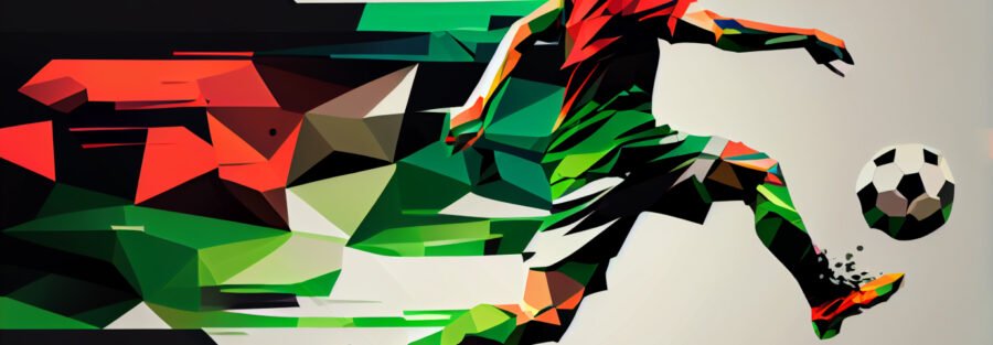 crypto news football player kick a ball blurry background green and red and black colors low poly style