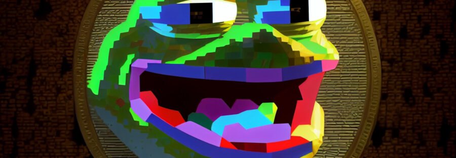 crypto news happy Pepe the frog on the coin blockchain background bright light low poly style