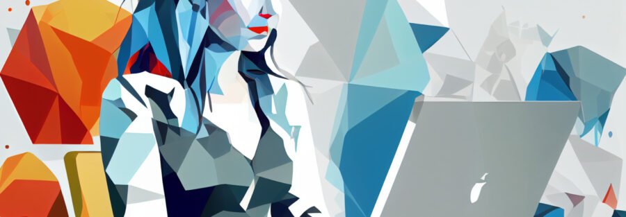 crypto news happy woman working on laptops white office background white and blue colores low poly style
