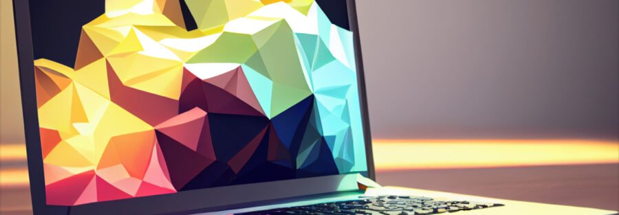 crypto news laptop on the table side view blurry background bright light low poly st