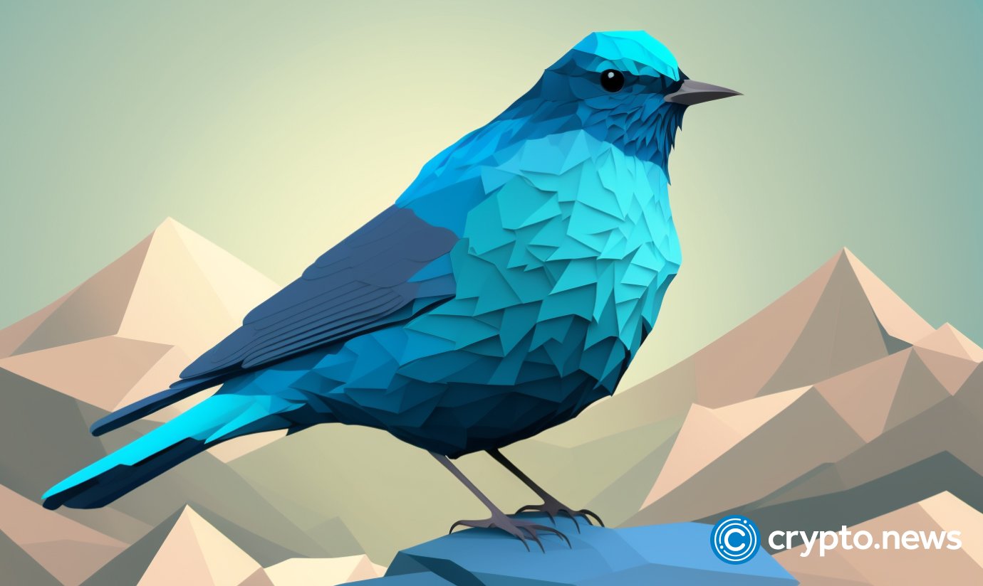 crypto news mountain bluebird front view portrait cartoon character space background low poly style