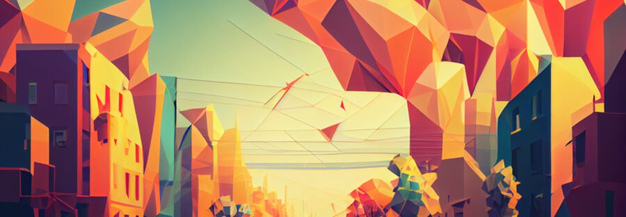 crypto news neural networks city background bright tones low poly style