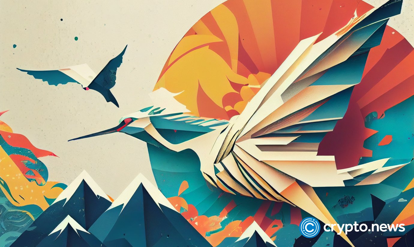 crypto news one paper crane Japanese background bright tones sixties retro futuristic illustration