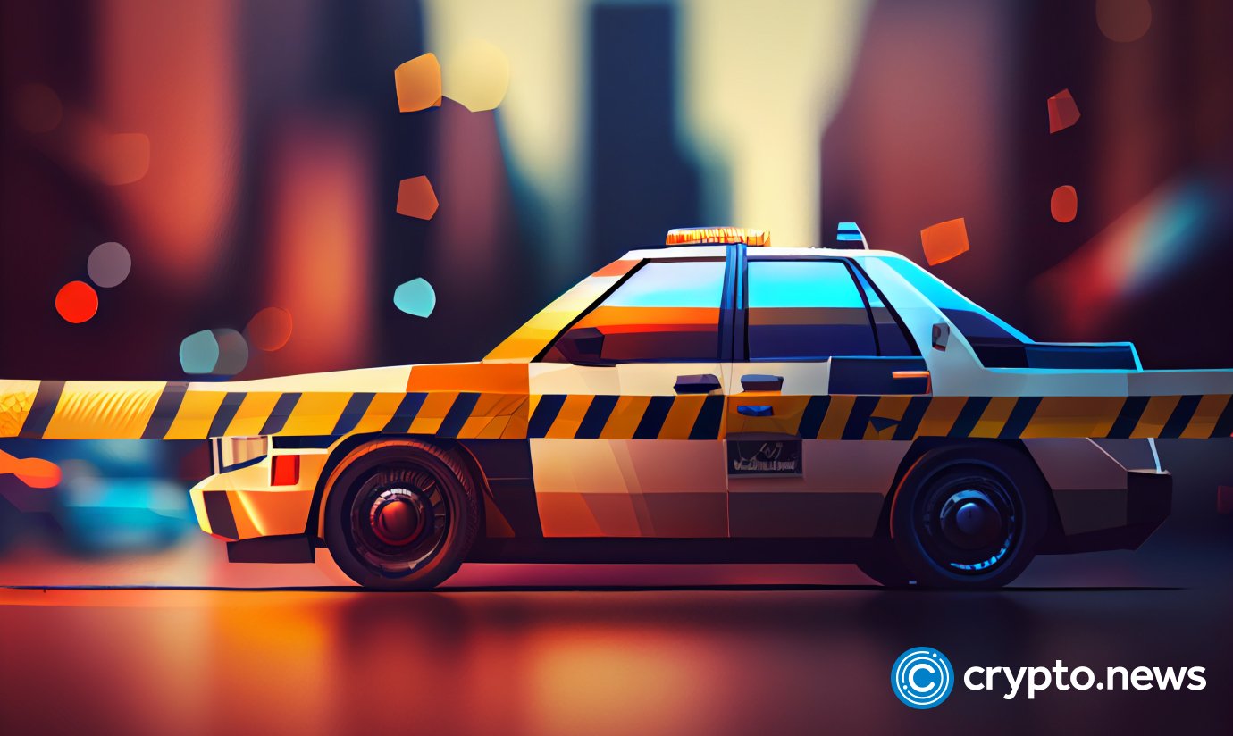 crypto news police tape and police car front side view blurry city background day light low poly style