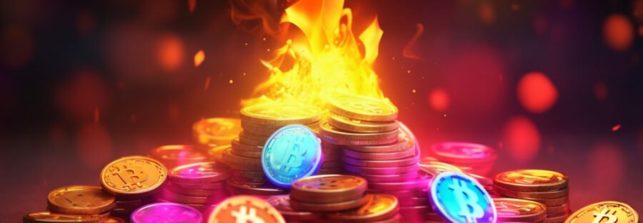 crytpo news crypto coins on the fire blockchain and internet blurry background bright colores low poly style